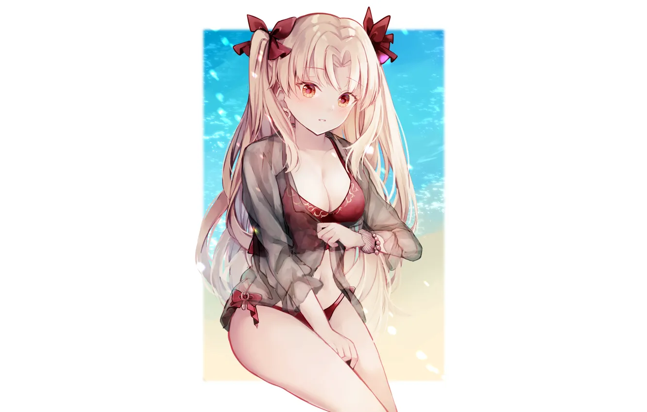 Photo wallpaper girl, sexy, cleavage, beach, long hair, sea, boobs, anime