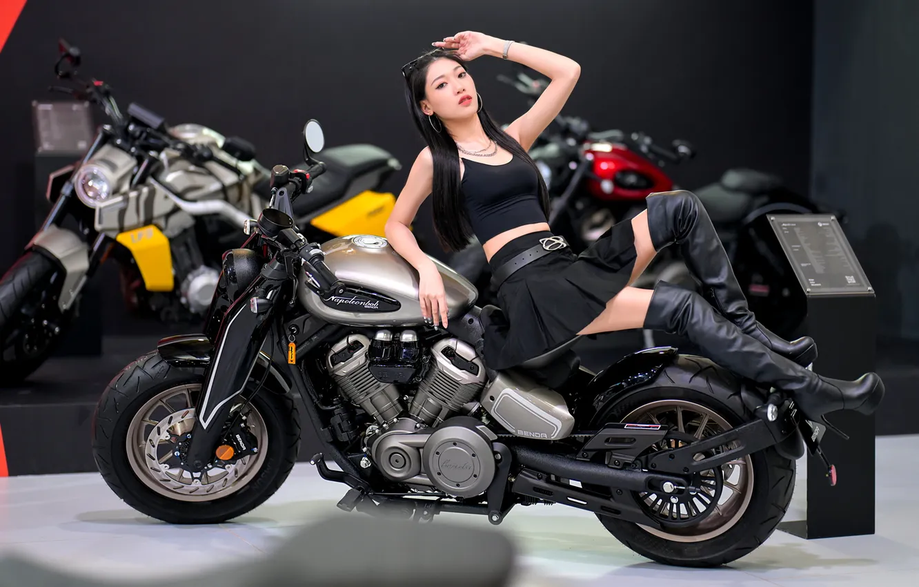 Photo wallpaper Asian, long hair, motorcycle, model, women, sitting, dark hair, knee-high boots