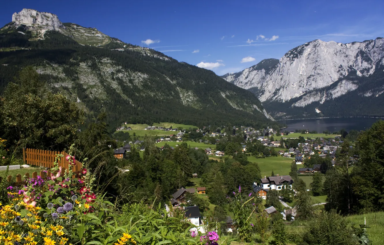 Photo wallpaper grass, trees, flowers, mountains, lake, home, Austria, village