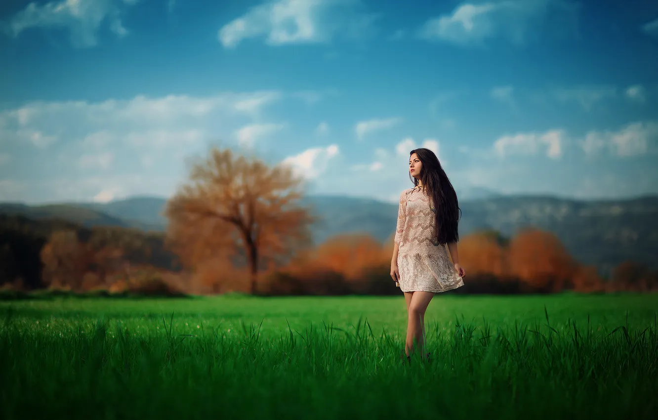 Photo wallpaper girl, grass, sky, beautiful, clouds, Ezra, Salih