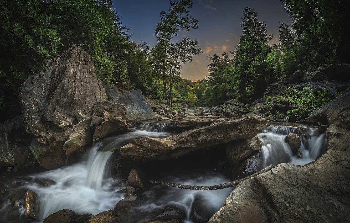 Photo wallpaper the sky, clouds, trees, river, stones, waterfall, twilight