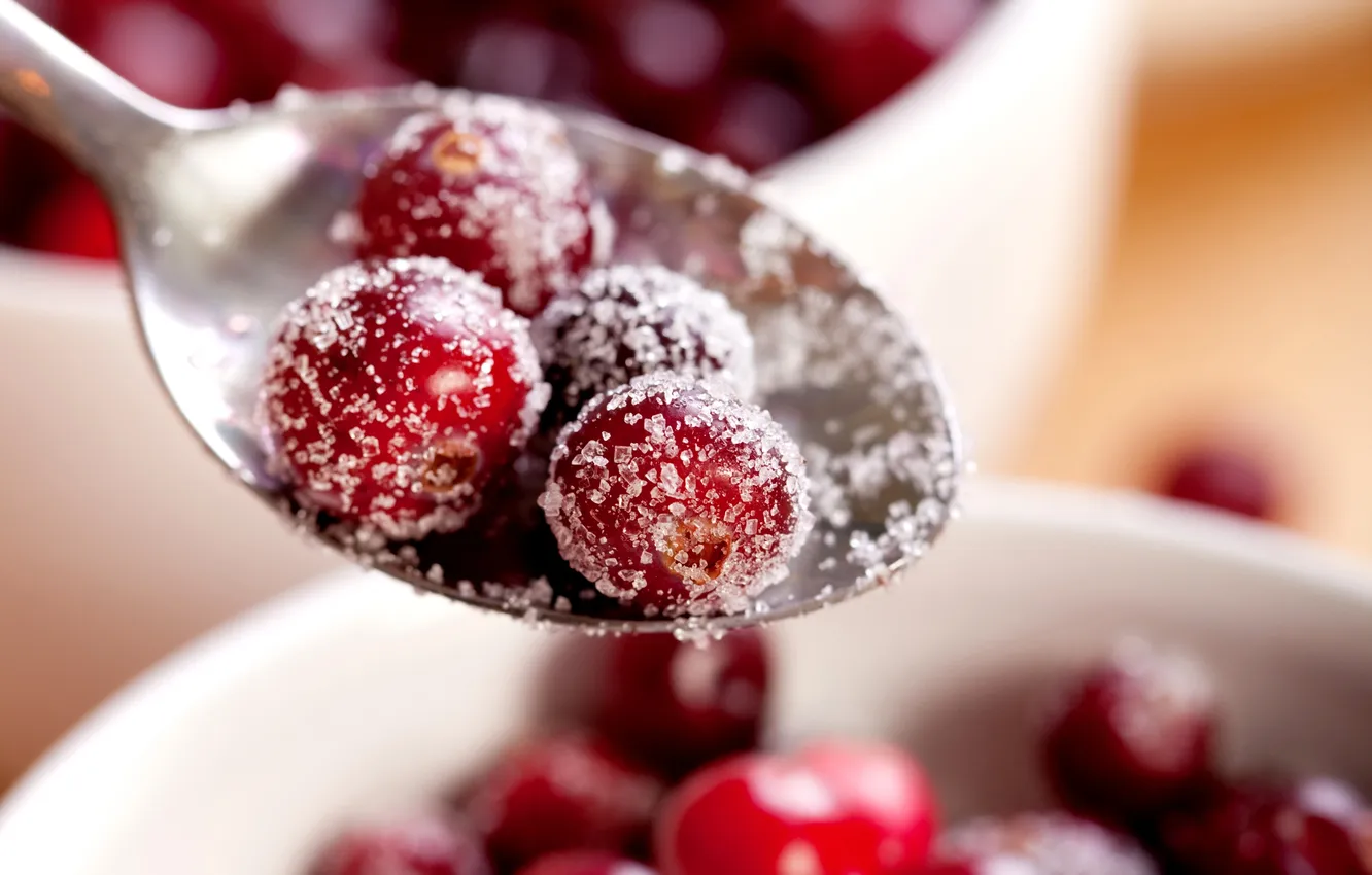 Photo wallpaper winter, red, berries, spoon, sugar, cranberry