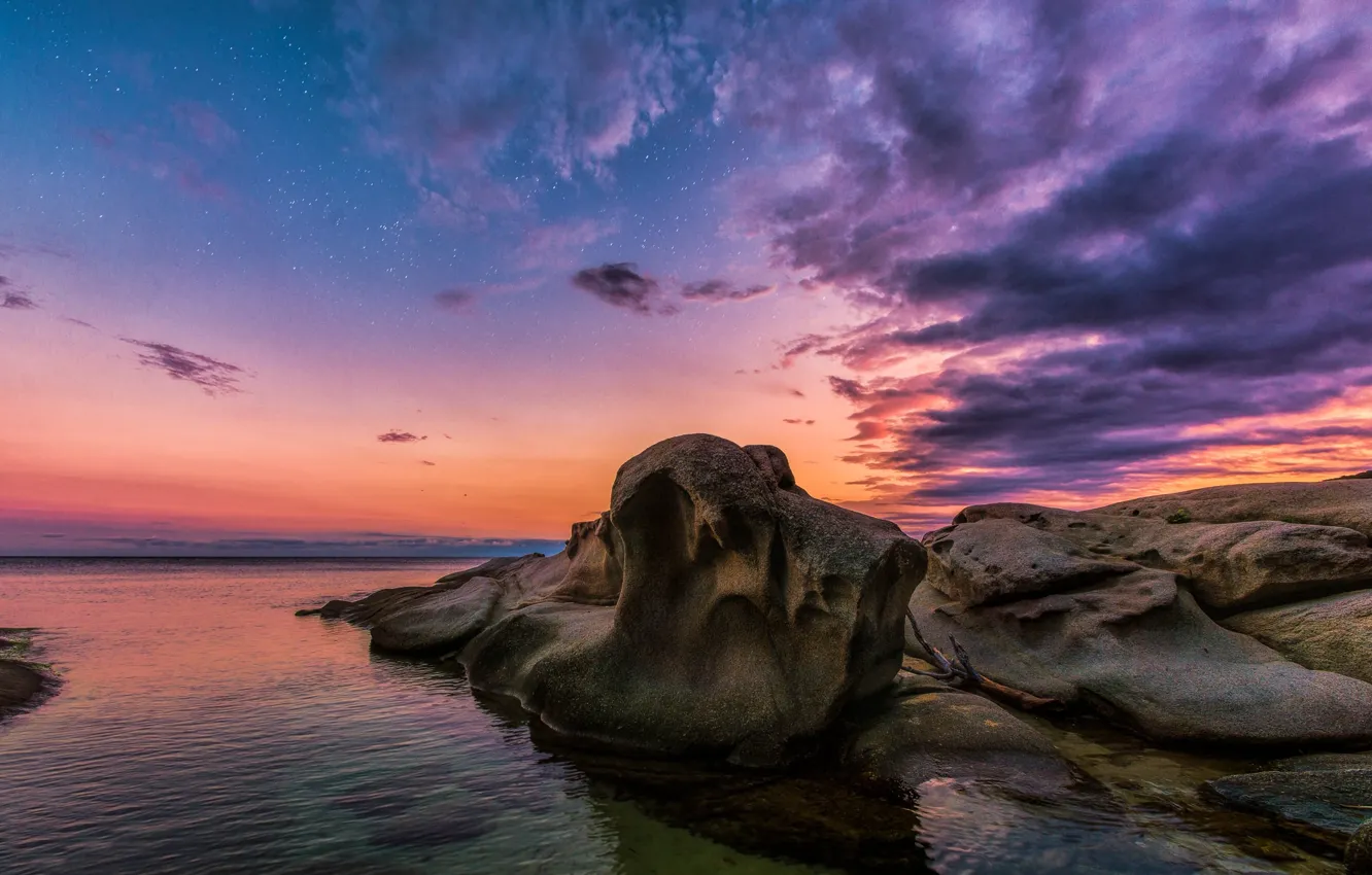 Photo wallpaper sea, sunset, stones, rocks, coast, the evening, Spain, Catalonia