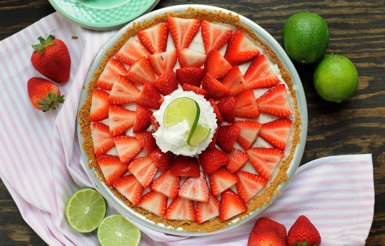 Photo wallpaper berries, strawberry, pie, lime, cream, dessert, wood