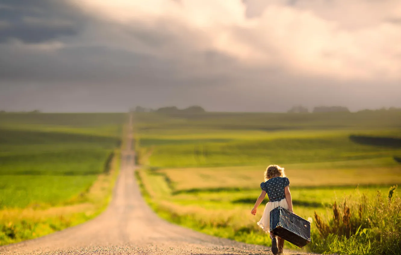 Photo wallpaper road, the way, space, girl, suitcase, bokeh