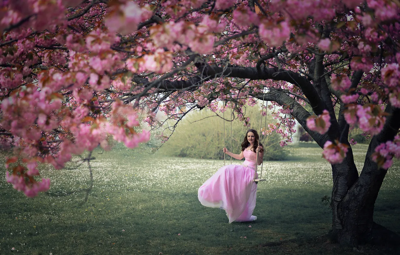 Photo wallpaper girl, swing, spring, garden