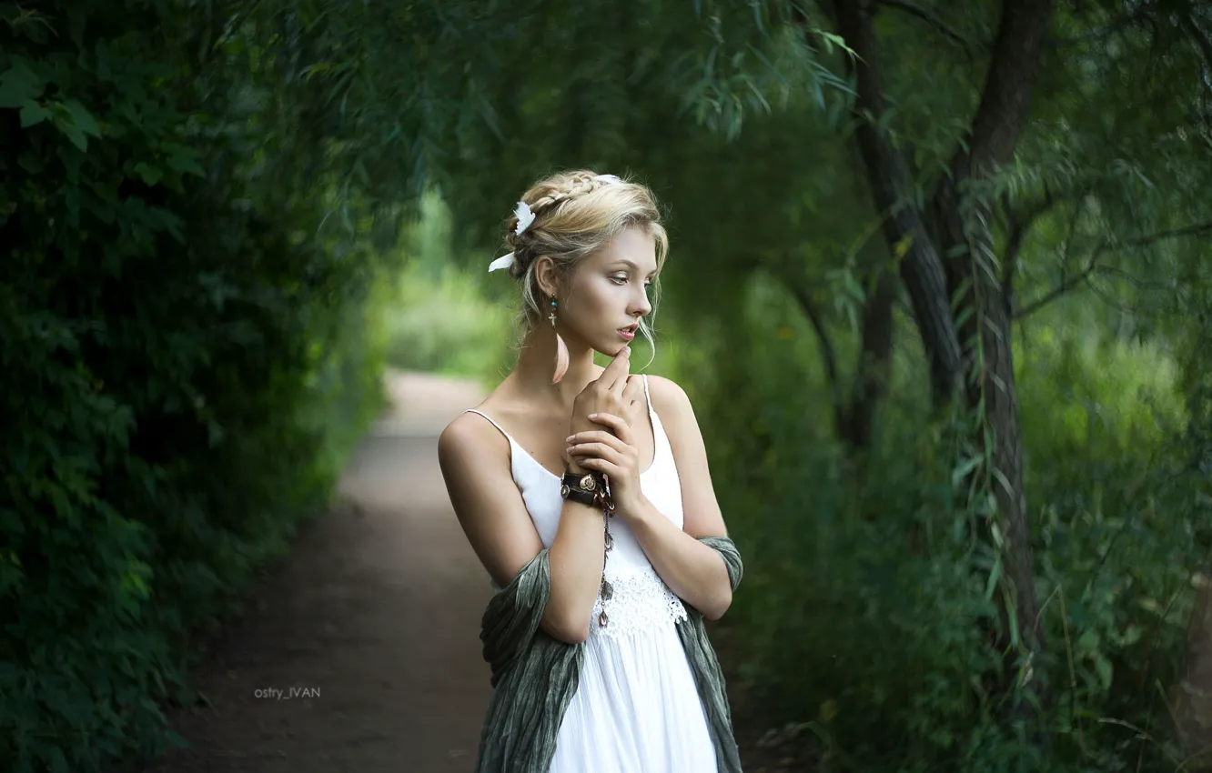 Photo wallpaper trees, pose, hair, Girl, blonde, Alisa Tarasenko, Ivan Sharp
