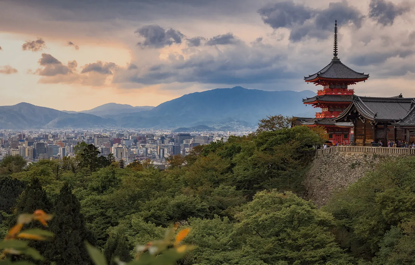 Photo wallpaper landscape, mountains, nature, the city, Japan, temple, pagoda, Kyoto