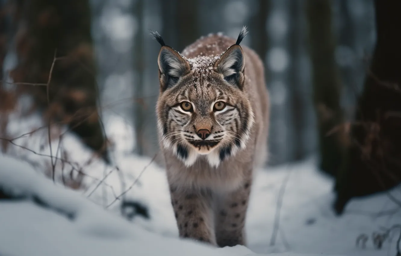 Photo wallpaper winter, forest, face, snow, walk, lynx, digital art, AI art