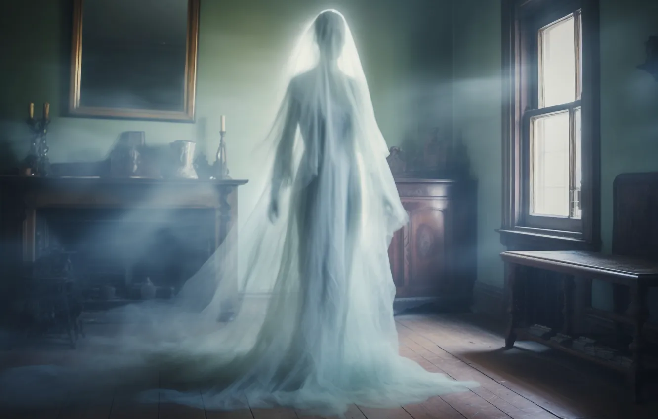 Photo wallpaper girl, light, fog, room, furniture, candles, mystic, figure