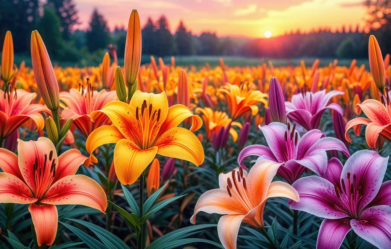 Photo wallpaper field, forest, sunset, Lily, AI art, neural network