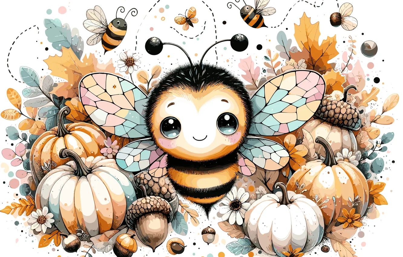 Photo wallpaper autumn, leaves, bee, harvest, white background, pumpkin, bee, acorns