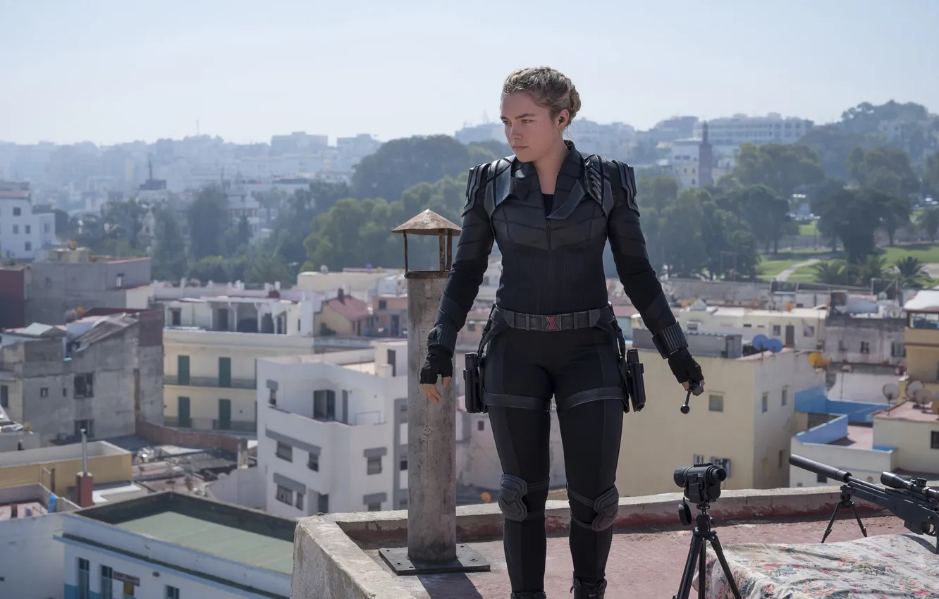 Photo wallpaper roof, frame, costume, beauty, rifle, Marvel, comic, Black Widow