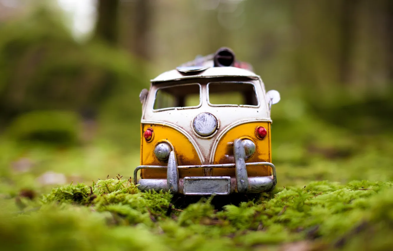 Photo wallpaper greens, auto, forest, grass, macro, model, toy, moss