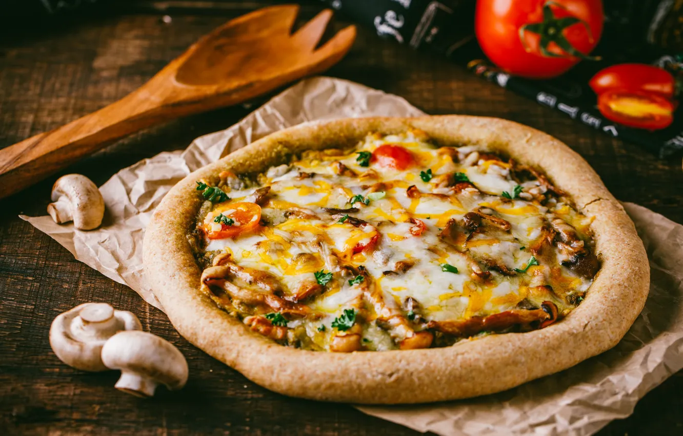 Photo wallpaper mushrooms, pizza, tomato
