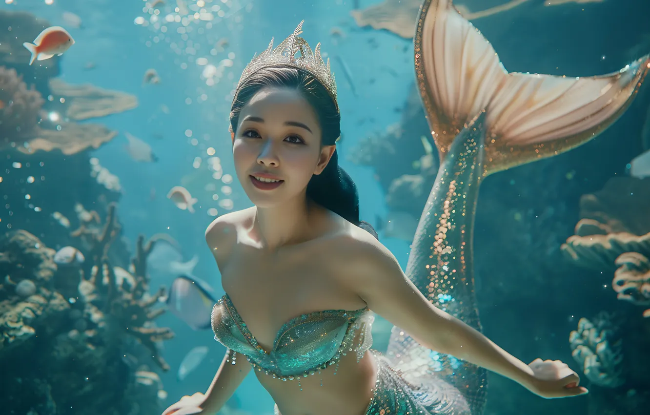 Photo wallpaper look, girl, smile, hair, mermaid, tail, underwater world, digital art