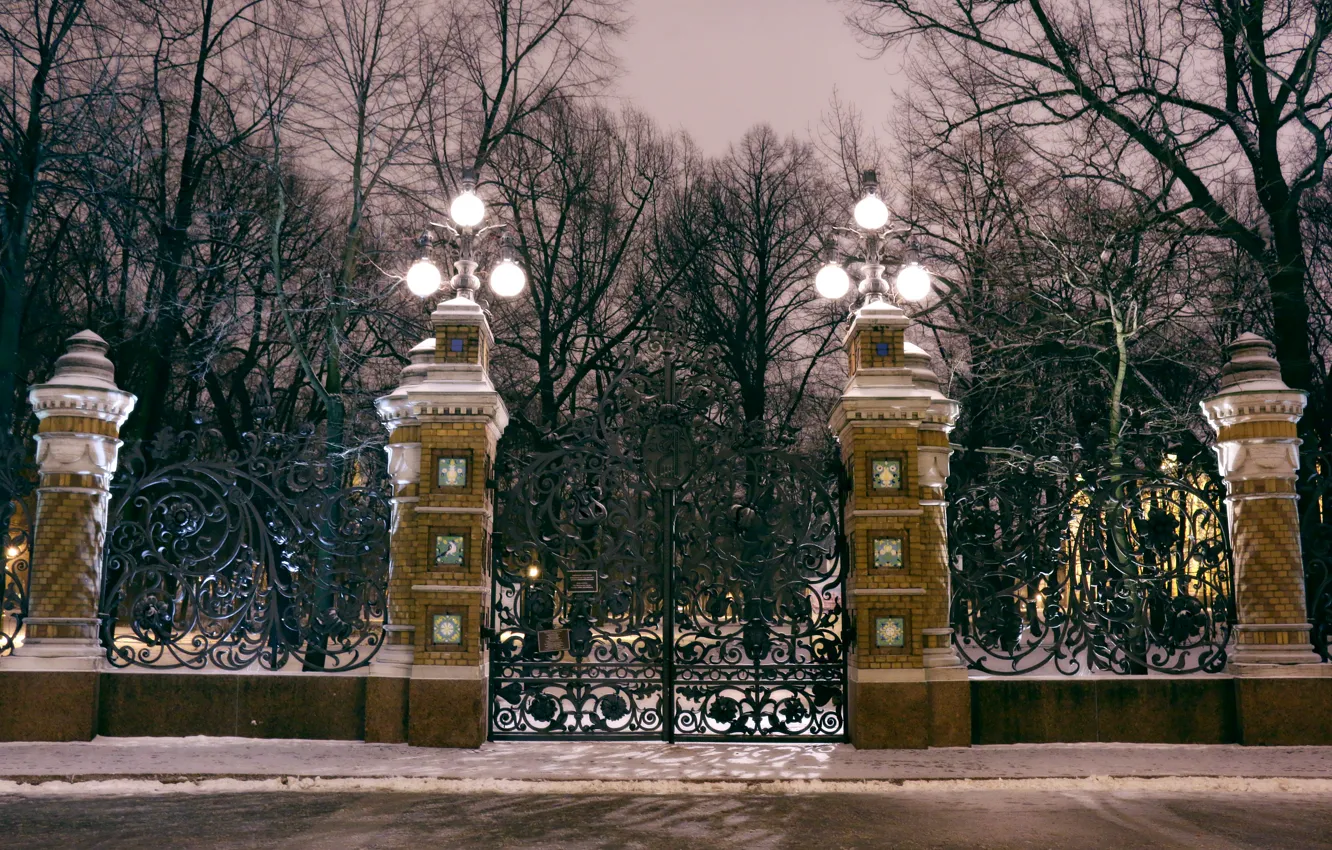 Photo wallpaper light, night, gate, grille, lights, Saint Petersburg, light, night