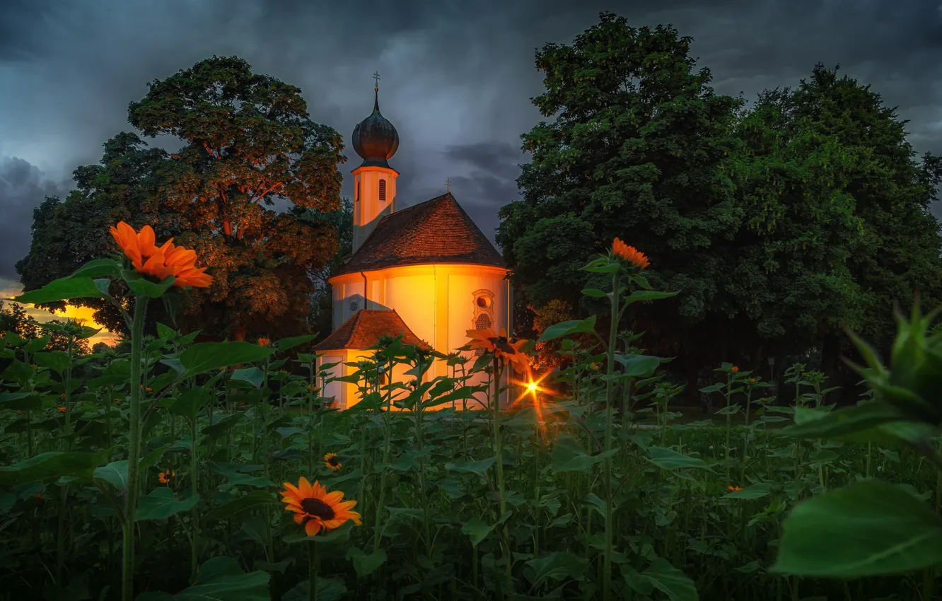 Photo wallpaper crown, flowers, clouds, light, Church, garden, trees, glade