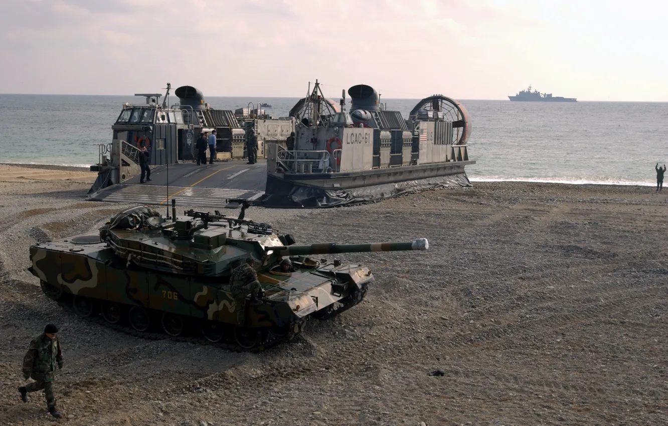 Photo wallpaper gun, USA, beach, sea, weapon, South Korea, tank, Korea
