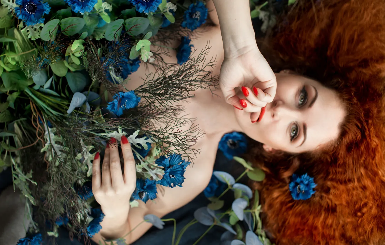 Photo wallpaper look, girl, flowers, face, hair, hands, red, redhead