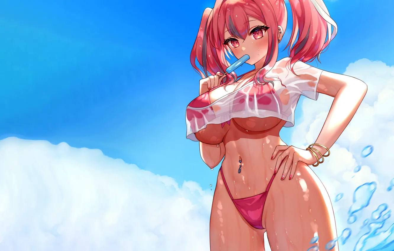 Photo wallpaper girl, sexy, cleavage, beach, sea, boobs, anime, beautiful