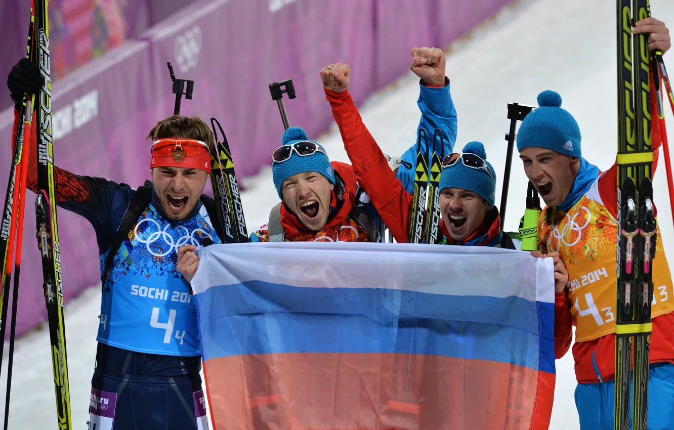 Photo wallpaper Russia, Sochi 2014, The XXII Winter Olympic Games, Anton Shipulin, Biathlon relay, Evgeny Ustyugov, Alexey …