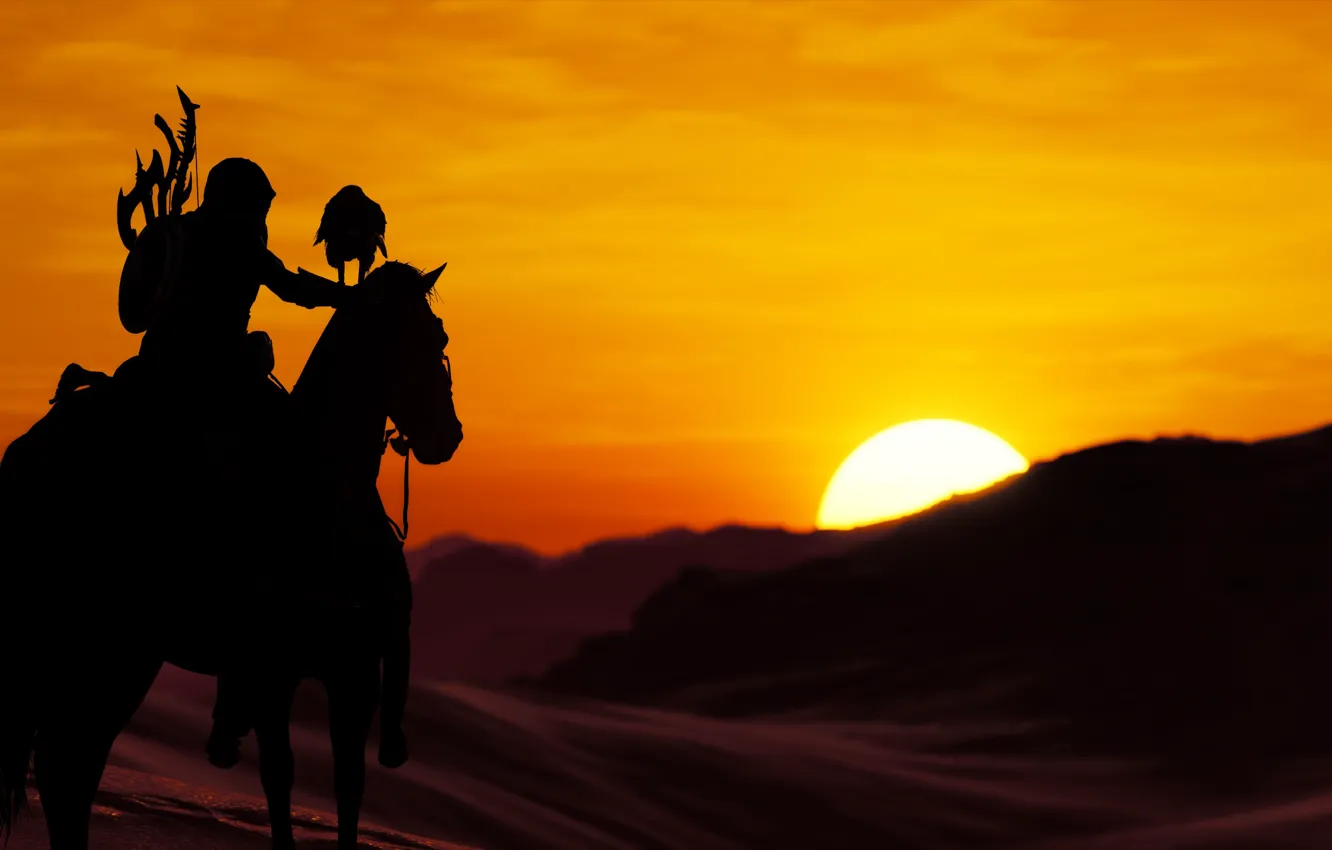 Photo wallpaper dawn, bird, horse, rider, Assassin's Creed Origins