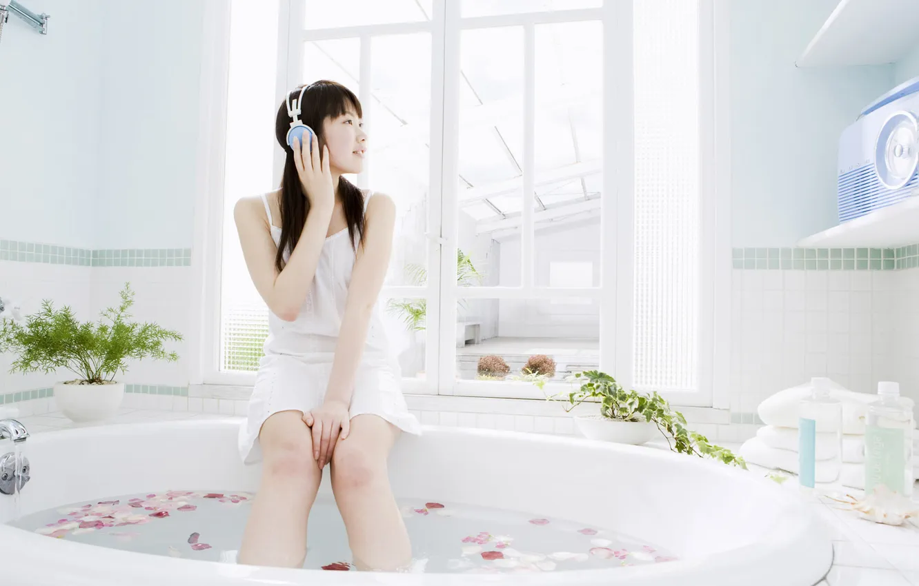 Photo wallpaper Girl, headphones, bathroom