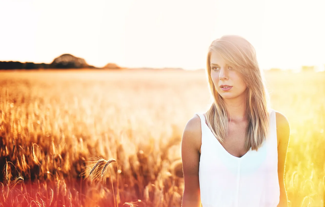 Photo wallpaper field, girl, light, Kristin
