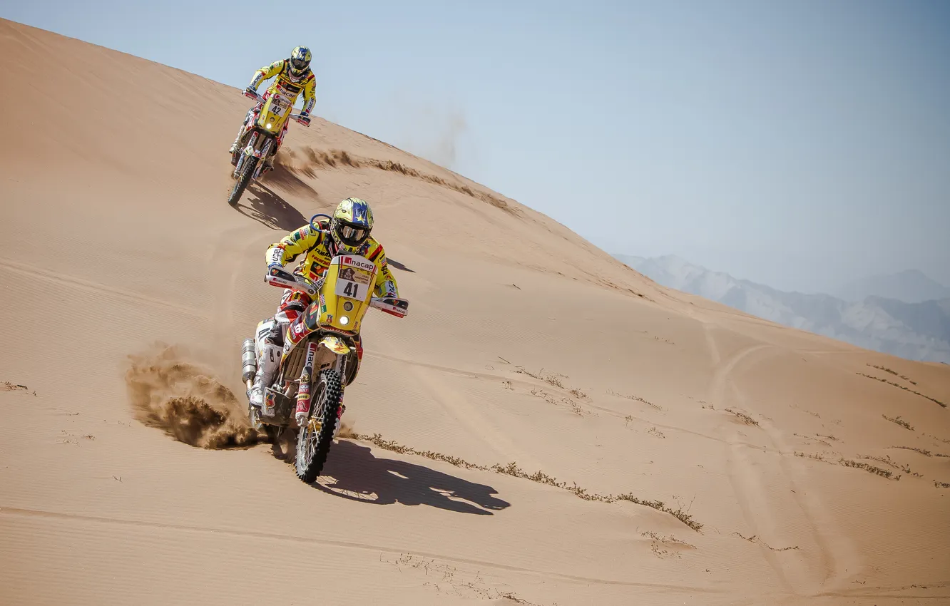 Photo wallpaper yellow, two, heat, motorcycle, Rally, Dakar