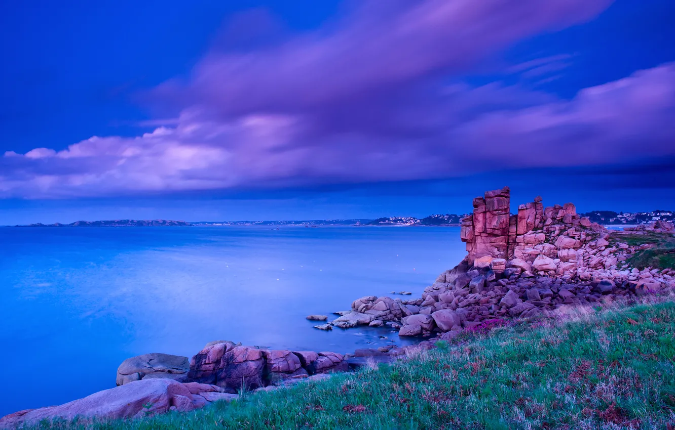 Photo wallpaper sea, the sky, grass, clouds, stones, rocks, home