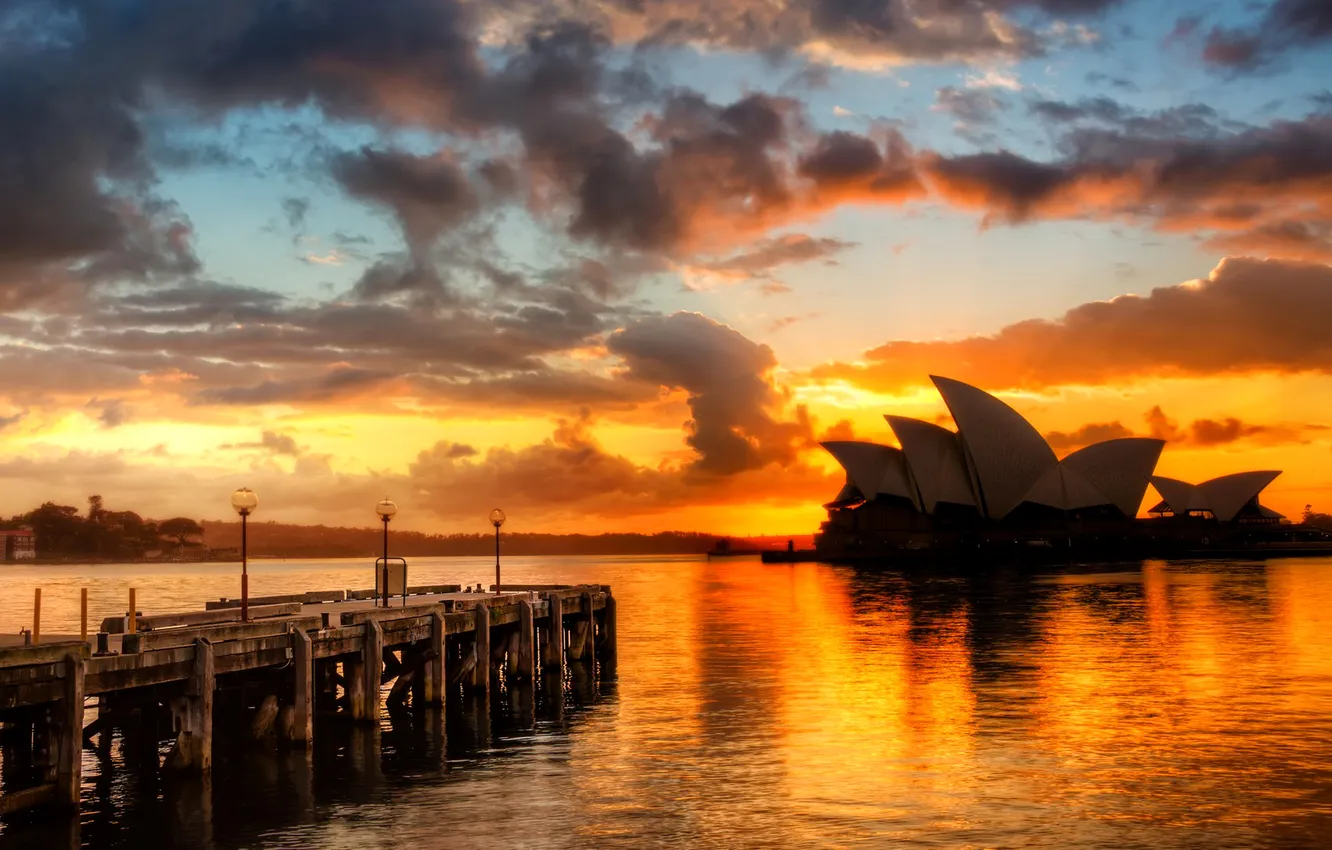 Photo wallpaper sea, the sky, clouds, sunset, the city, Australia, hdr, theatre