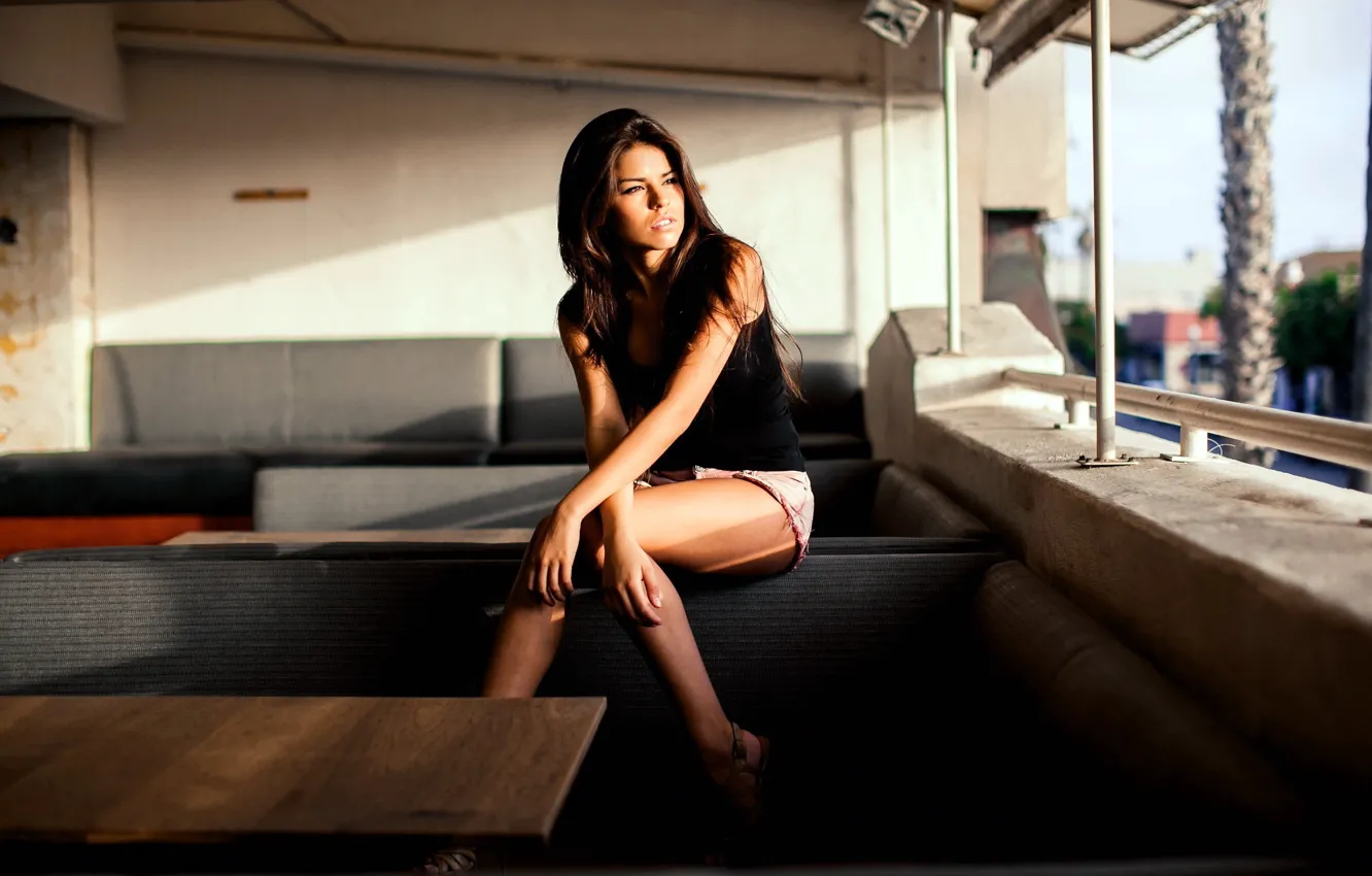 Photo wallpaper chest, look, girl, sexy, pose, model, shorts, the situation