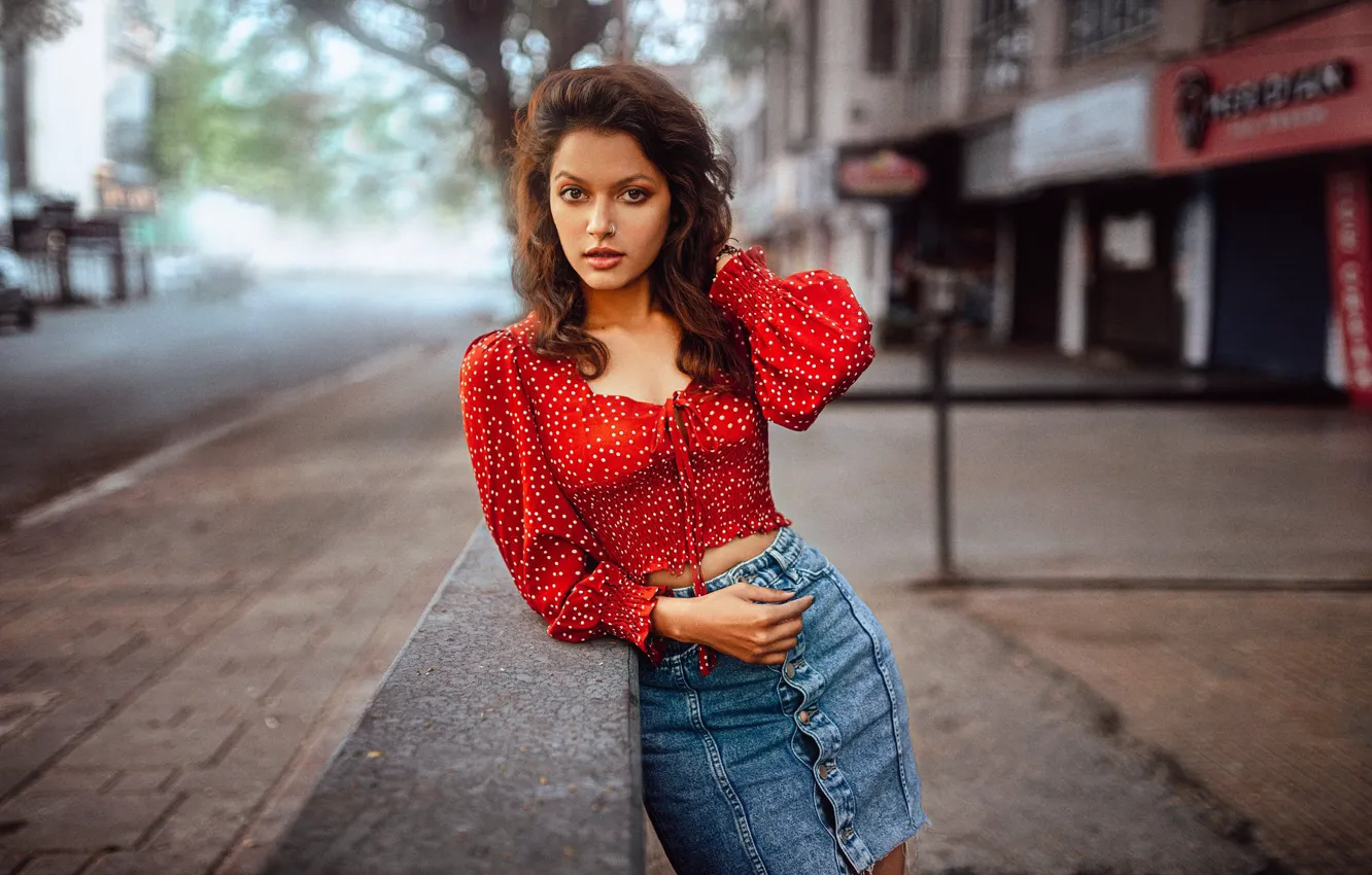 Photo wallpaper look, girl, pose, street, skirt, blouse