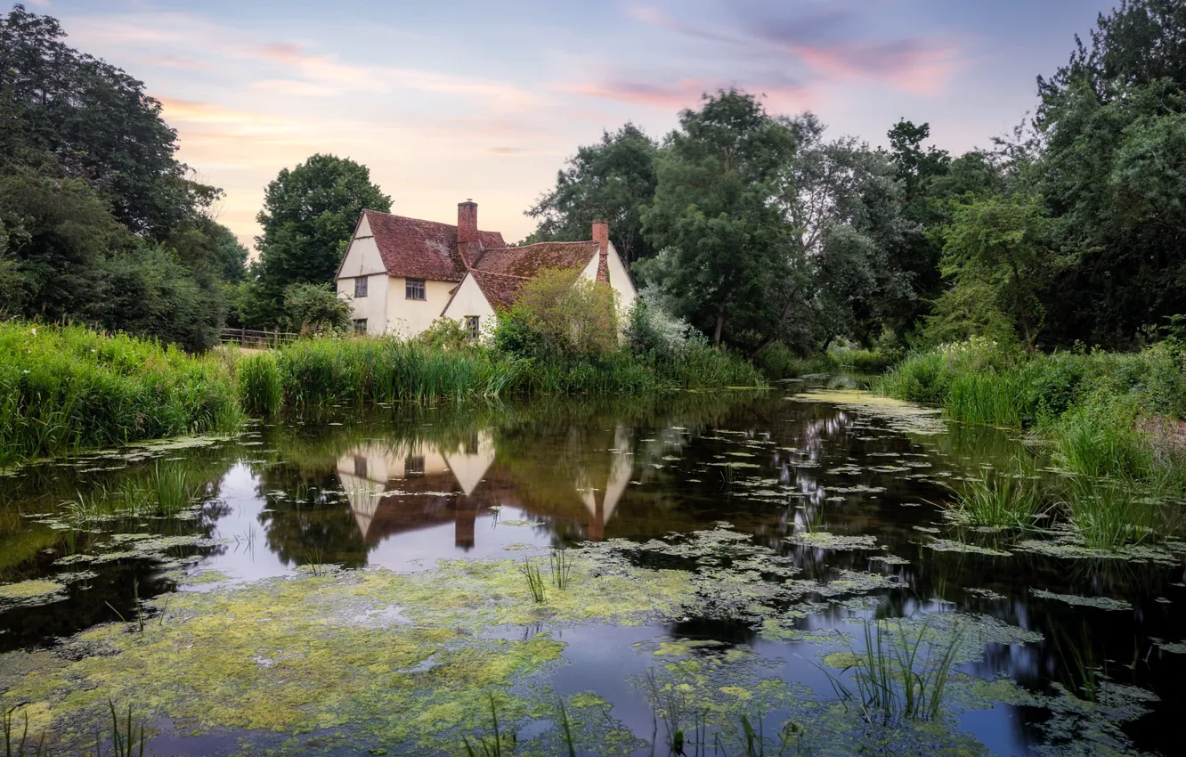 Photo wallpaper forest, grass, trees, lake, house, pond, reflection, shore