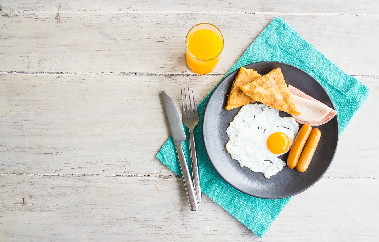 Photo wallpaper sausage, food, Breakfast, scrambled eggs, toast, orange juice