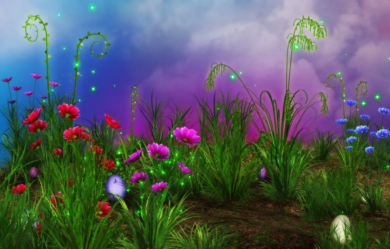 Photo wallpaper grass, flowers, sparks, grass, Flowers, Easter eggs, rendering, sparkes