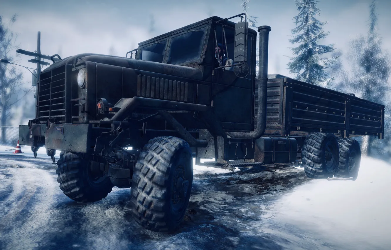 Photo wallpaper HDR, ice, Alaska, game, trees, winter, snow, truck