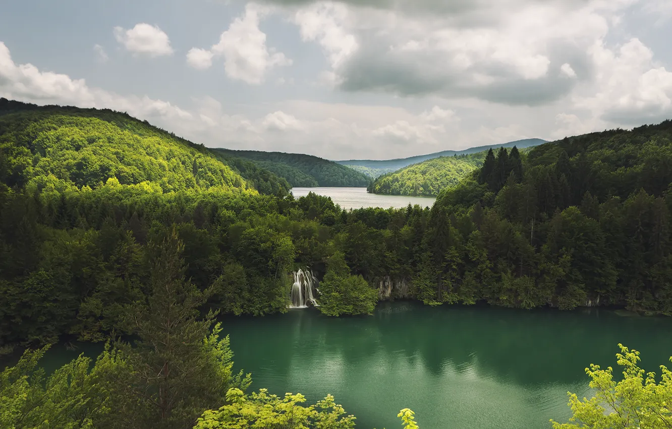Photo wallpaper forest, clouds, trees, waterfall, Croatia, Plitvice lakes, Plitvice Lakes
