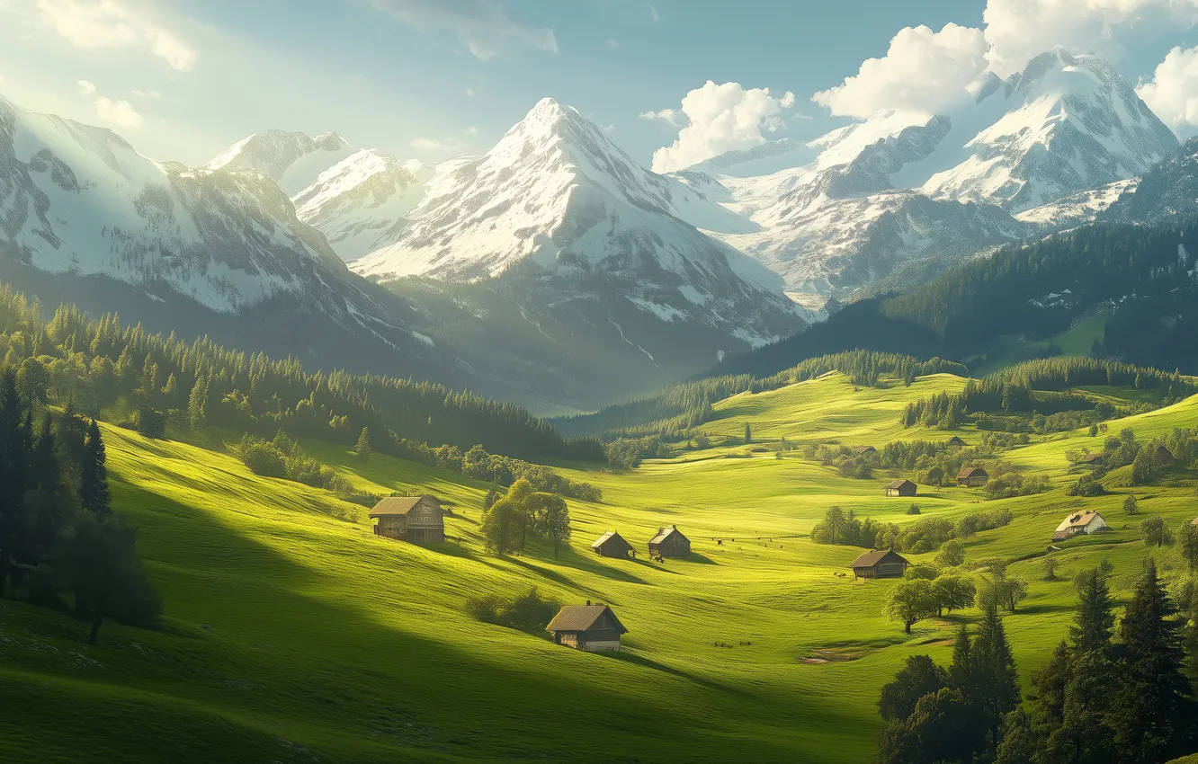 Photo wallpaper field, forest, clouds, light, snow, mountains, fog, hills