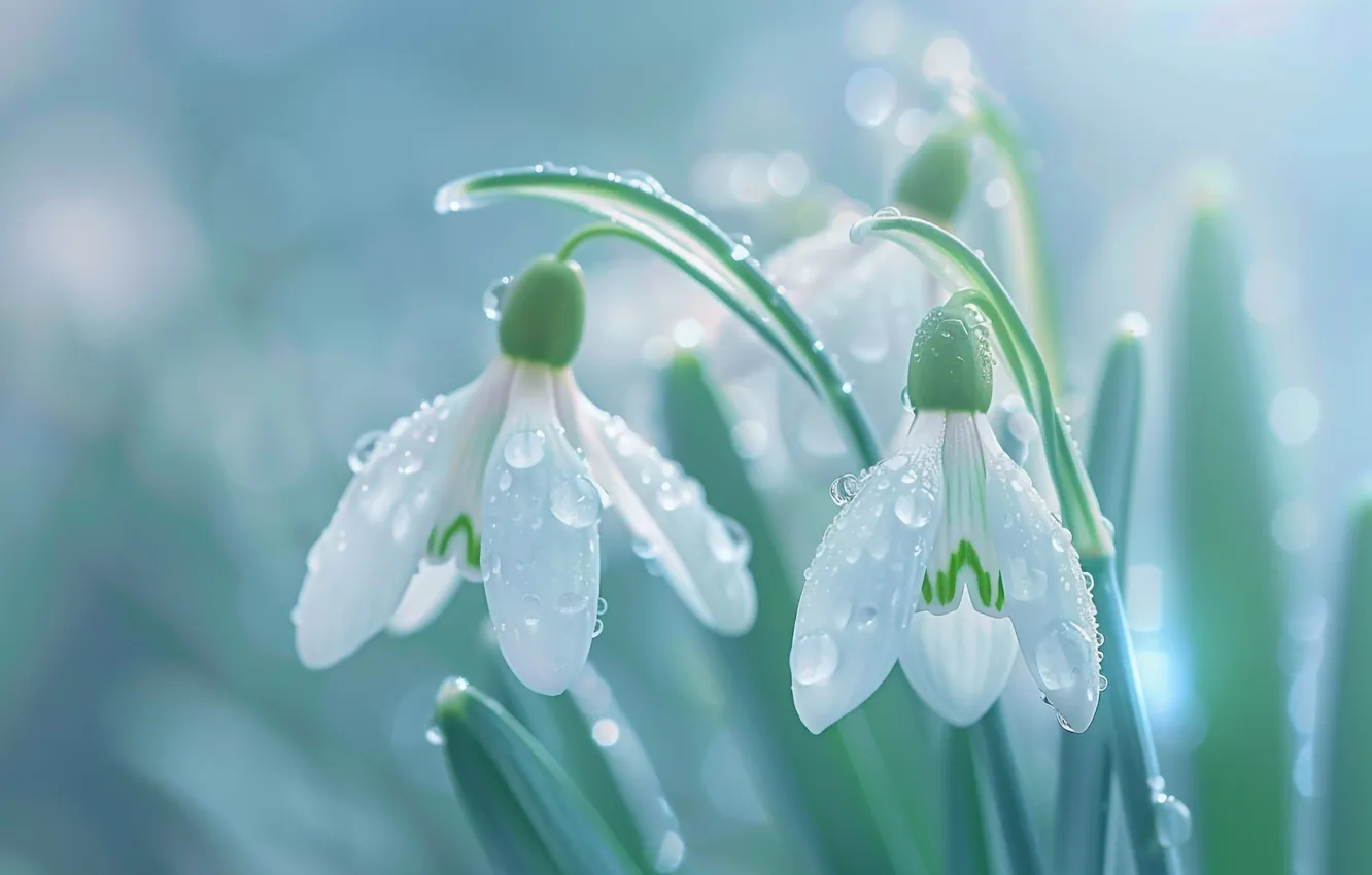 Photo wallpaper drops, macro, light, flowers, Rosa, tenderness, spring, snowdrops