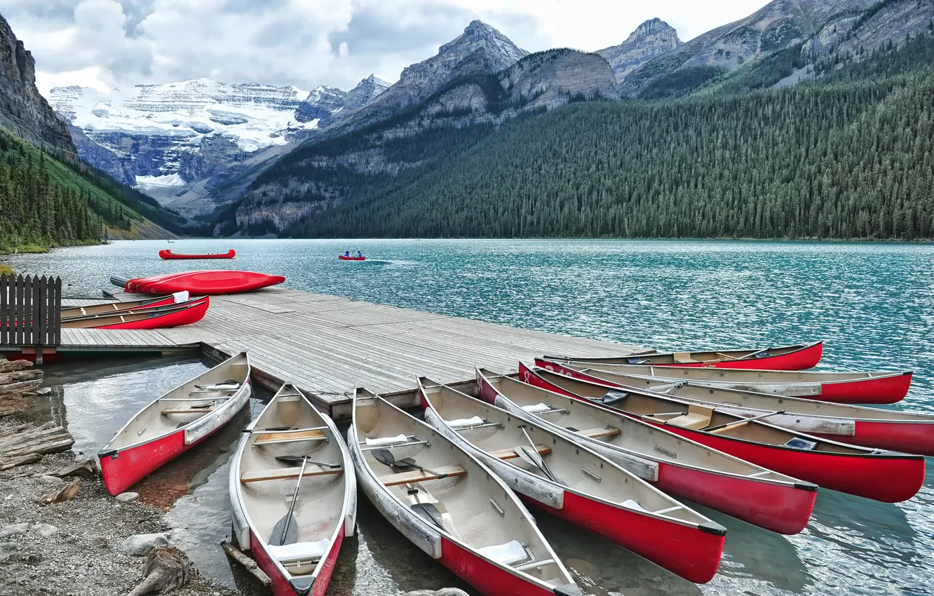 Photo wallpaper mountains, Marina, Canada, Albert, Alberta, Lake Louise, Canada, Canoeing