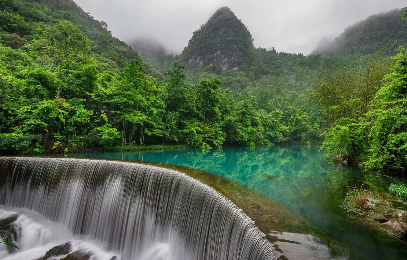 Photo wallpaper forest, mountains, river, China, waterfall, China, Either, Libo County