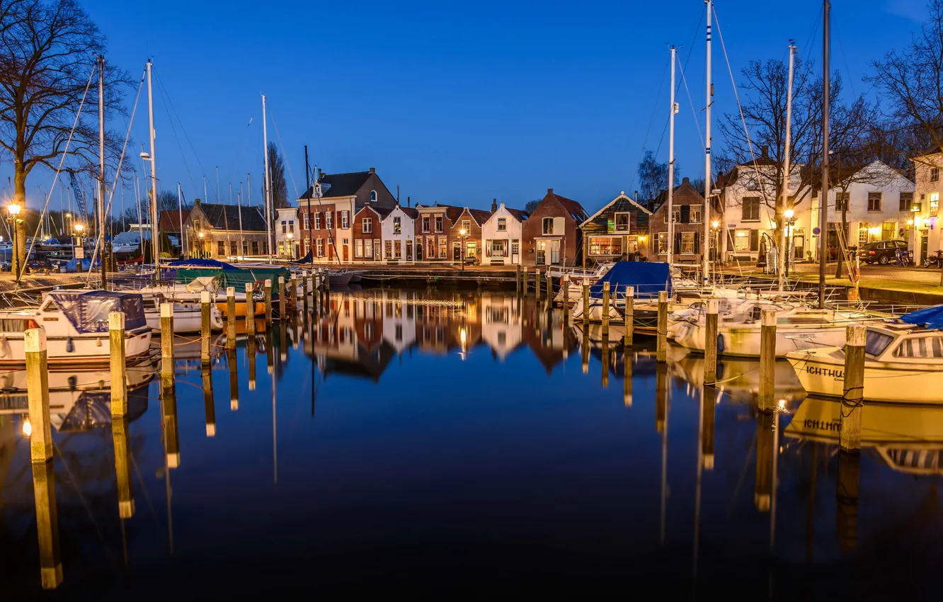 Photo wallpaper night, lights, reflection, home, yachts, boats, Netherlands, harbour