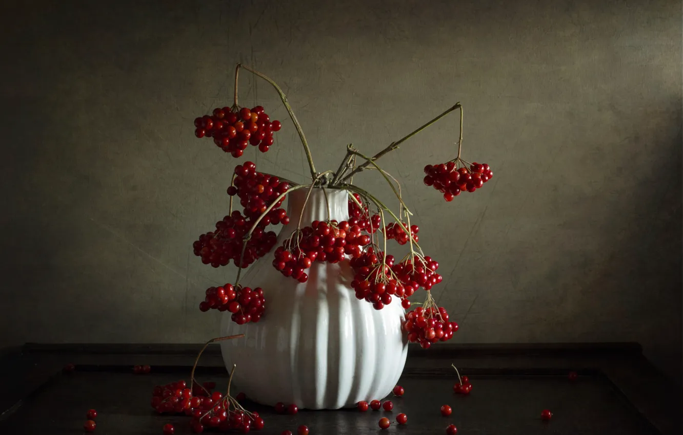 Photo wallpaper branches, red, berries, table, bouquet, fruit, vase, still life