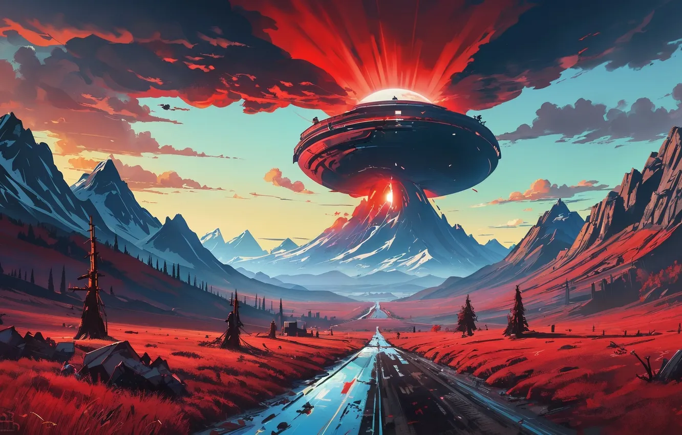 Photo wallpaper road, mountains, UFO