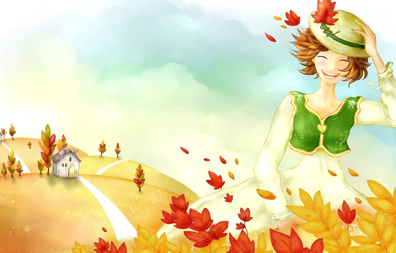 Photo wallpaper autumn, leaves, girl, mood, the wind, figure, track, house