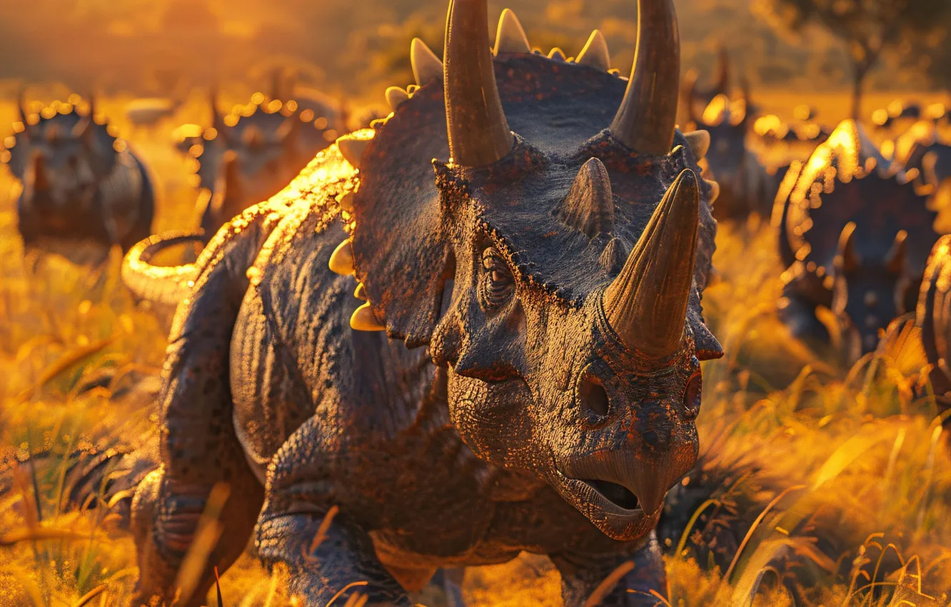 Photo wallpaper grass, animal, dinosaur, horns, Triceratops, digital art, Triceratops, Ancient animals