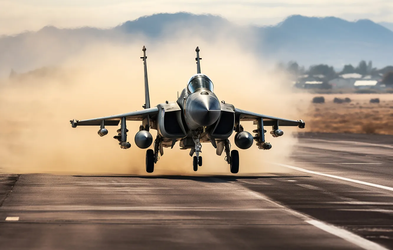 Photo wallpaper dust, fighter, the plane, front, the rise, digital art, AI art, The Art of Artificial …