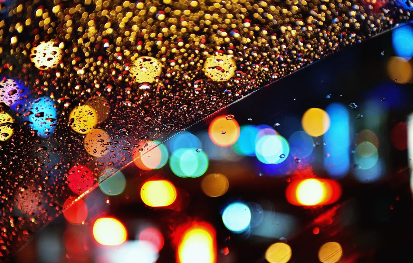 Photo wallpaper glass, drops, night, lights, rain, bokeh